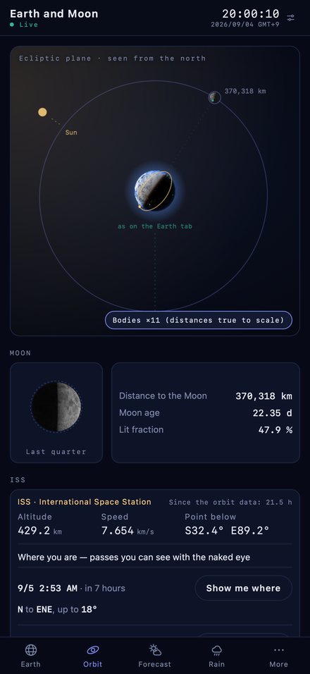 The app’s Orbit view, showing the ISS’s altitude and speed and the times of passes visible from your location